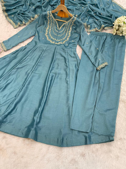 Dusty Blue Embroidered Anarkali Kurta Set with Dupatta