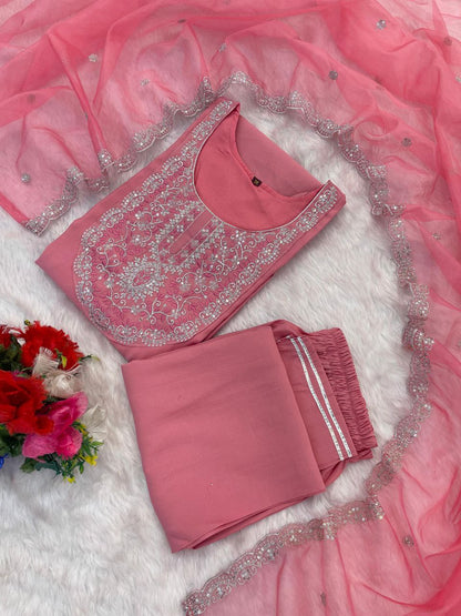 Pink Embroidered Silk Kurta Set with Organza Dupatta