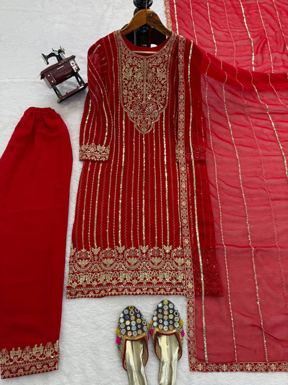 Red Embroidered Straight Suit Set