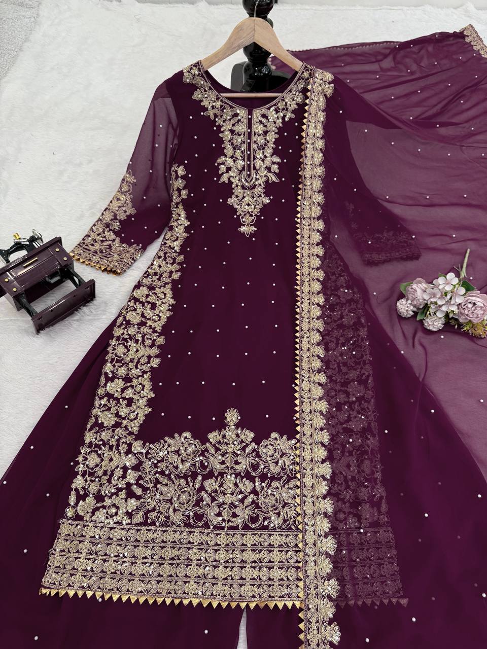 Deep Purple Embellished Long Kurta with Sharara and Dupatta