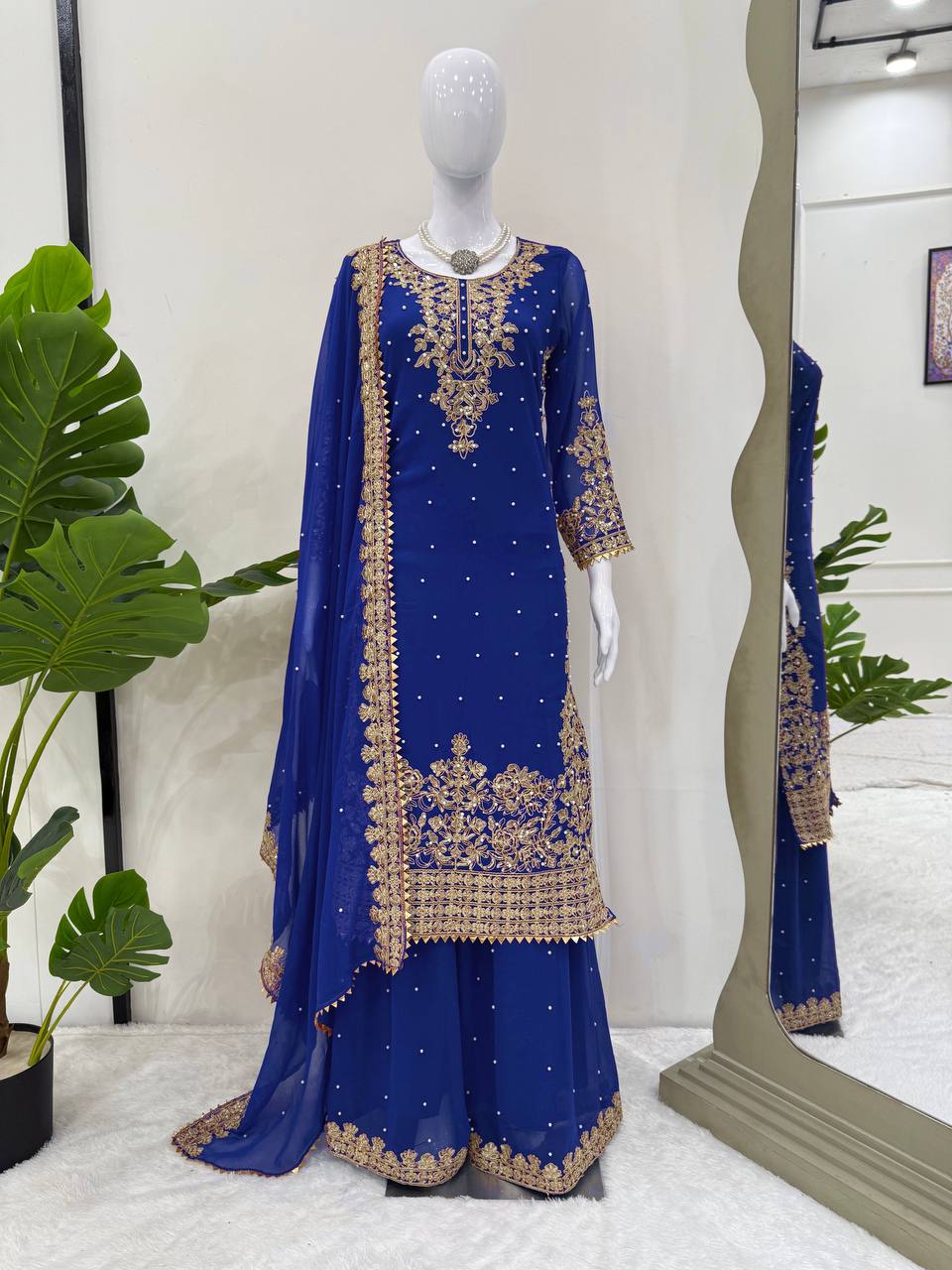 Blue Embellished Long Kurta with Sharara and Dupatta