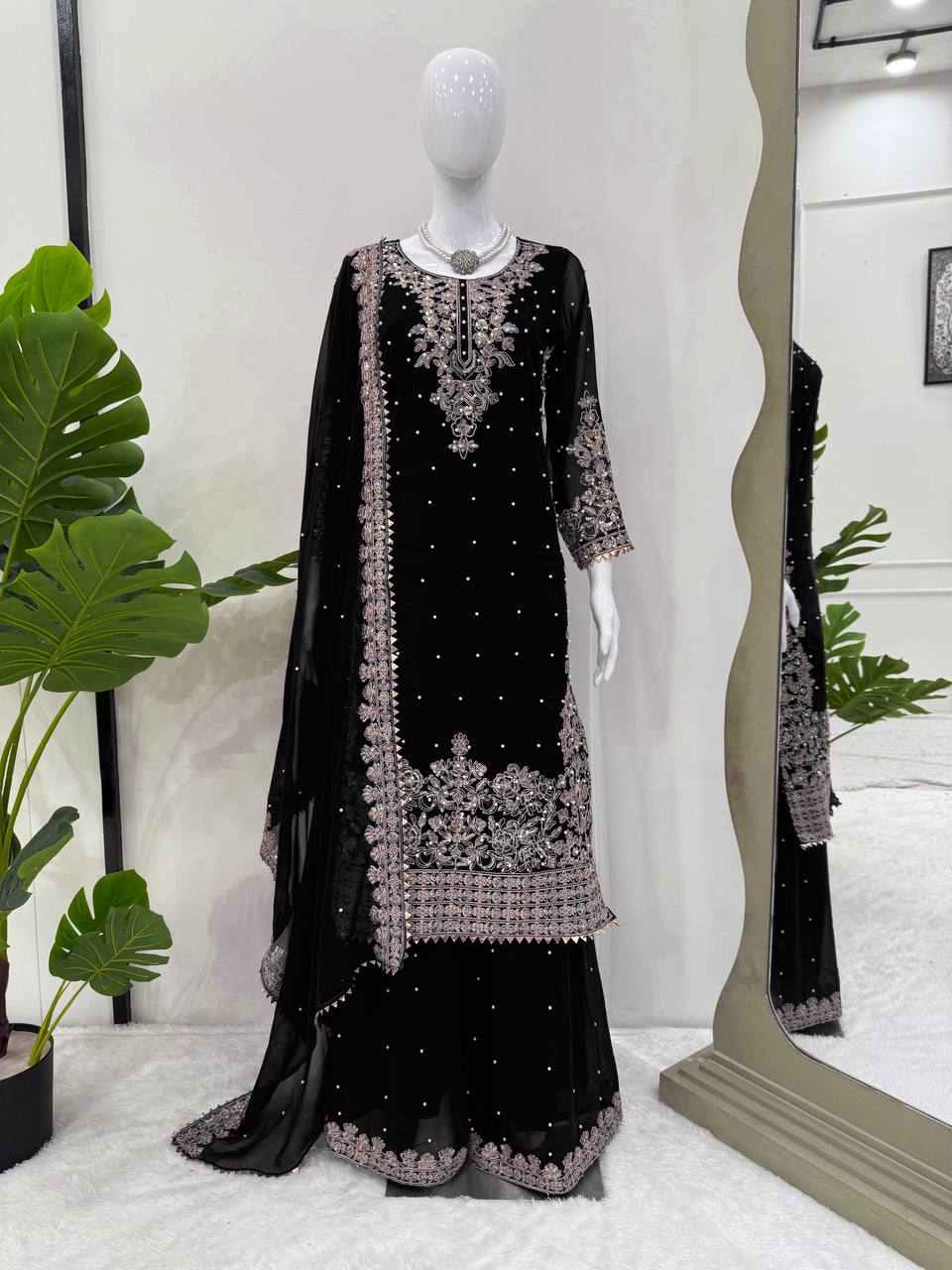 Black Embellished Long Kurta with Sharara and Dupatta