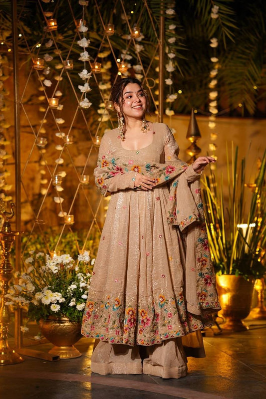 Golden Blossom Embroidered Anarkali Set With sharara (Plazzo)