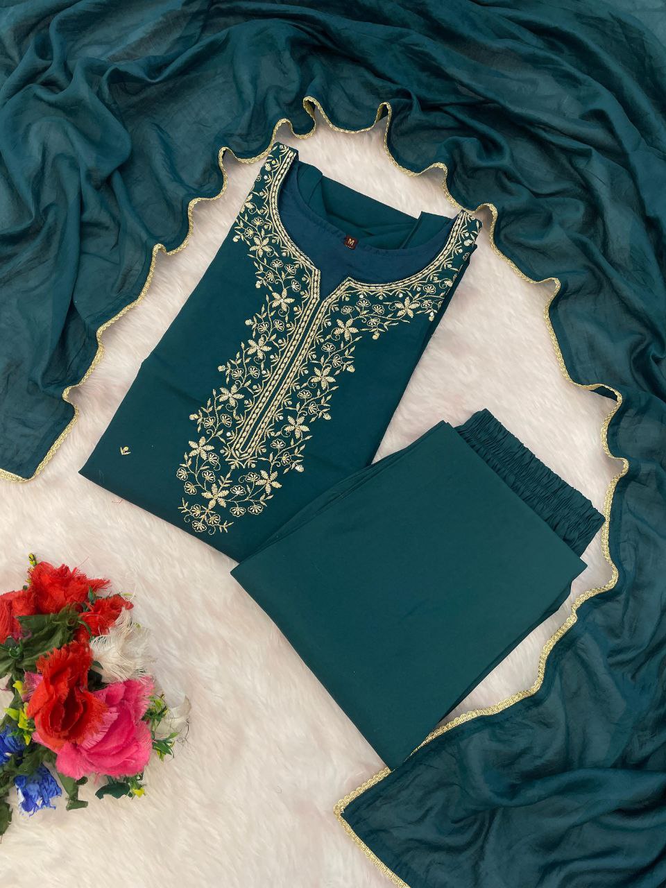 teal green embroidered salwar suit set (3-piece set)