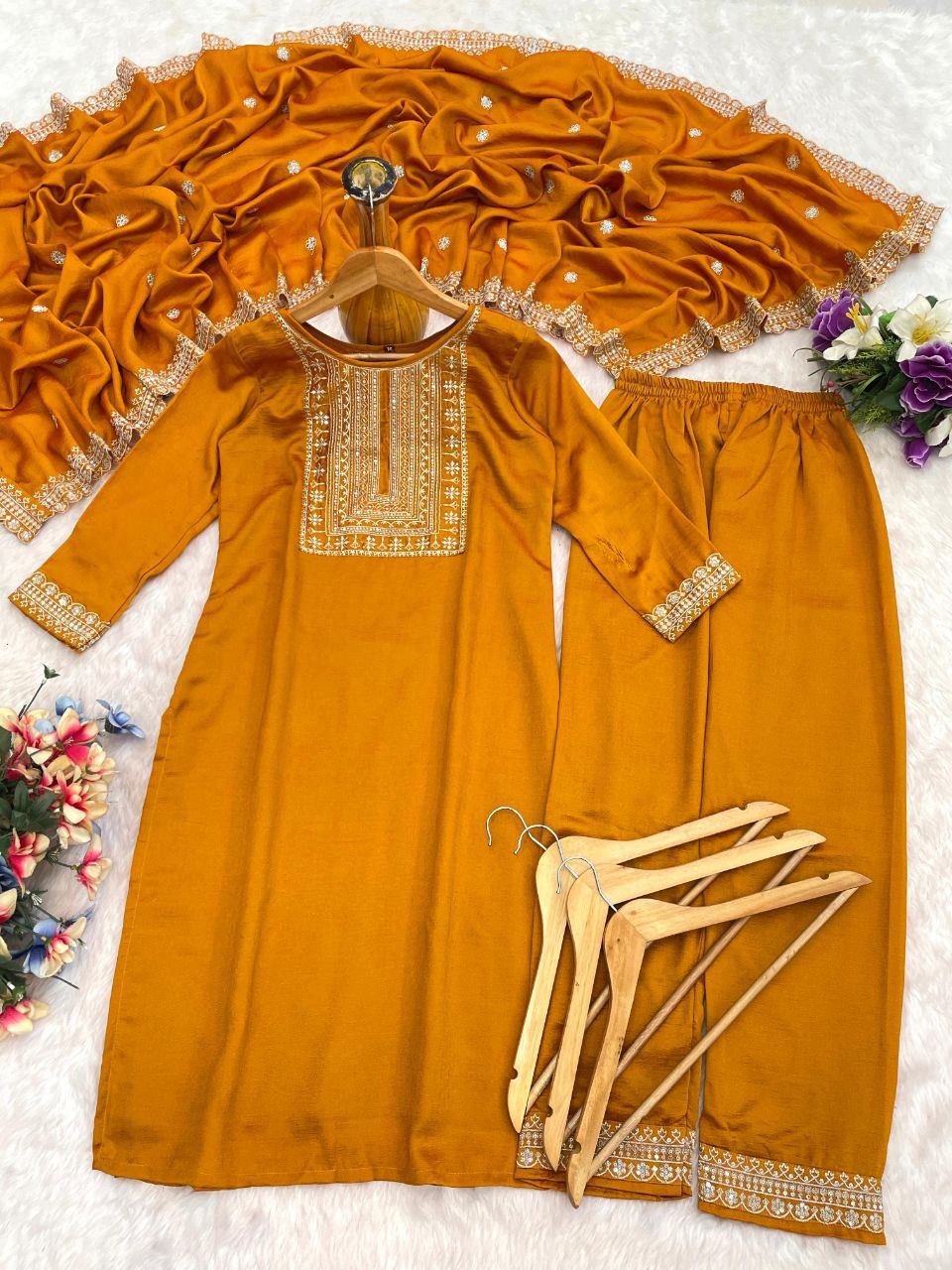 mustard yellow embroidered salwar suit set