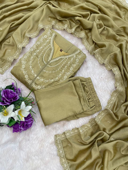 Olive Green Embroidered Anarkali Kurta Set with Dupatta