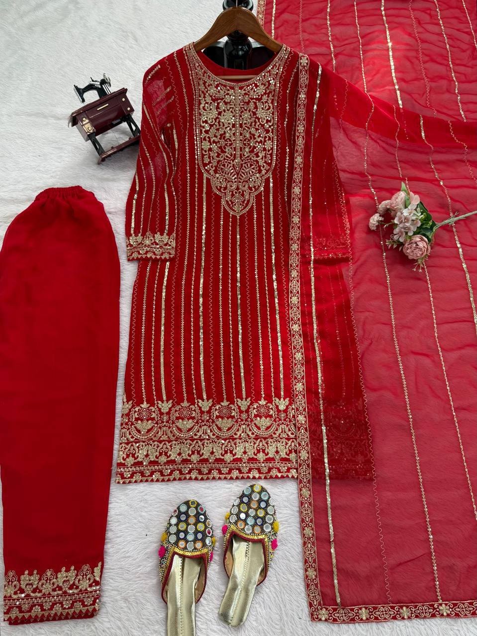Red Embroidered Straight Suit Set