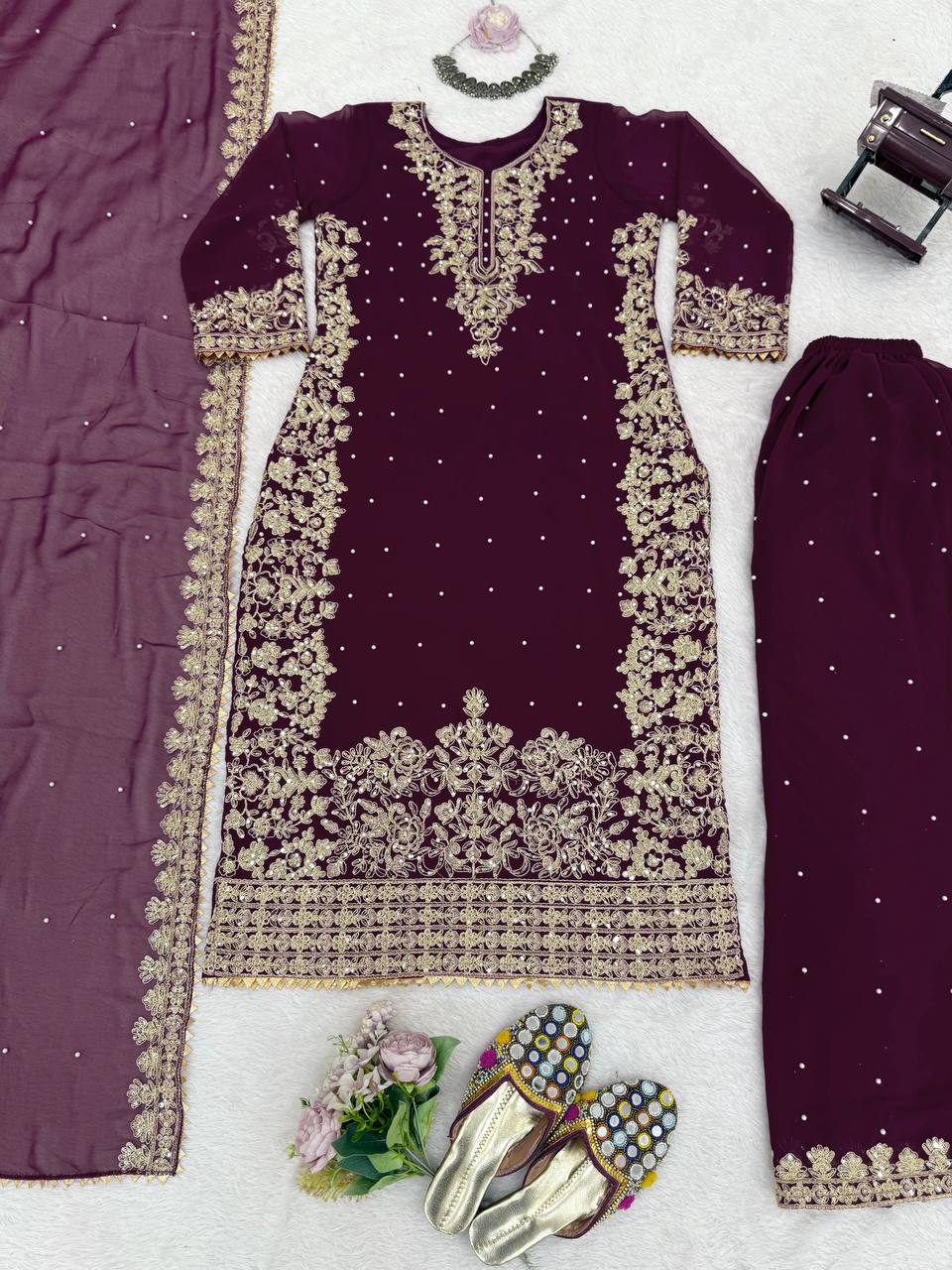 Deep Purple Embellished Long Kurta with Sharara and Dupatta