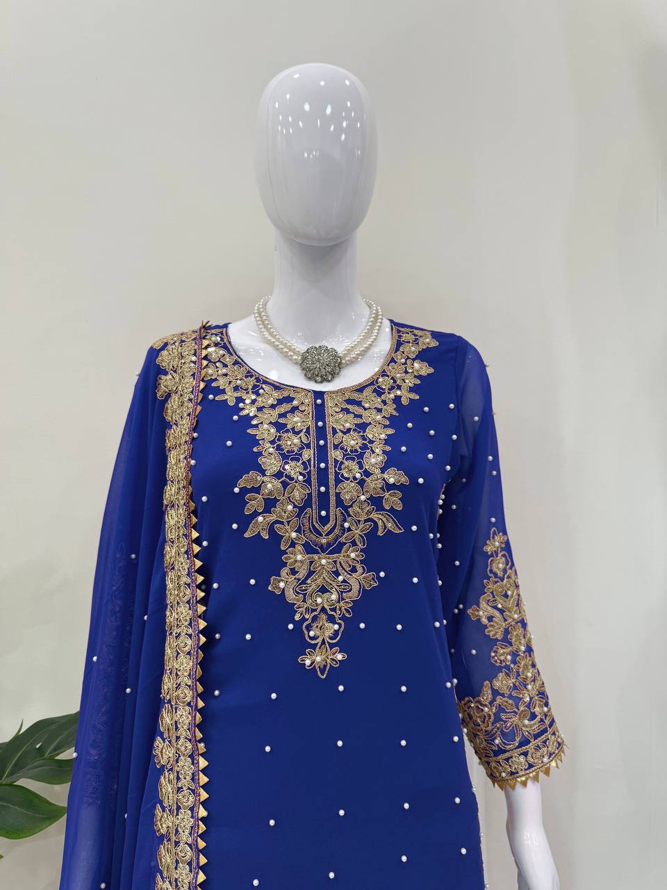 Blue Embellished Long Kurta with Sharara and Dupatta