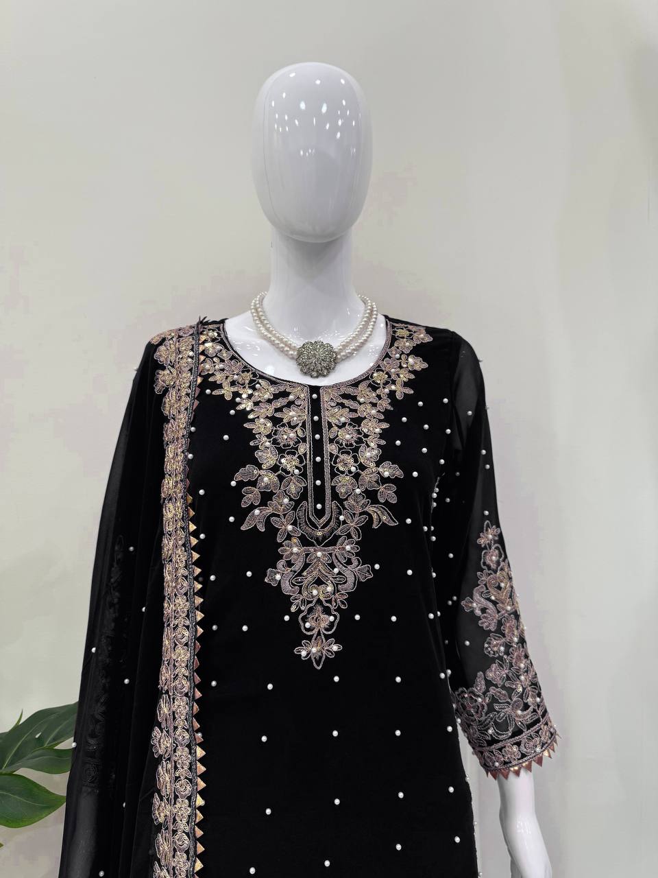 Black Embellished Long Kurta with Sharara and Dupatta