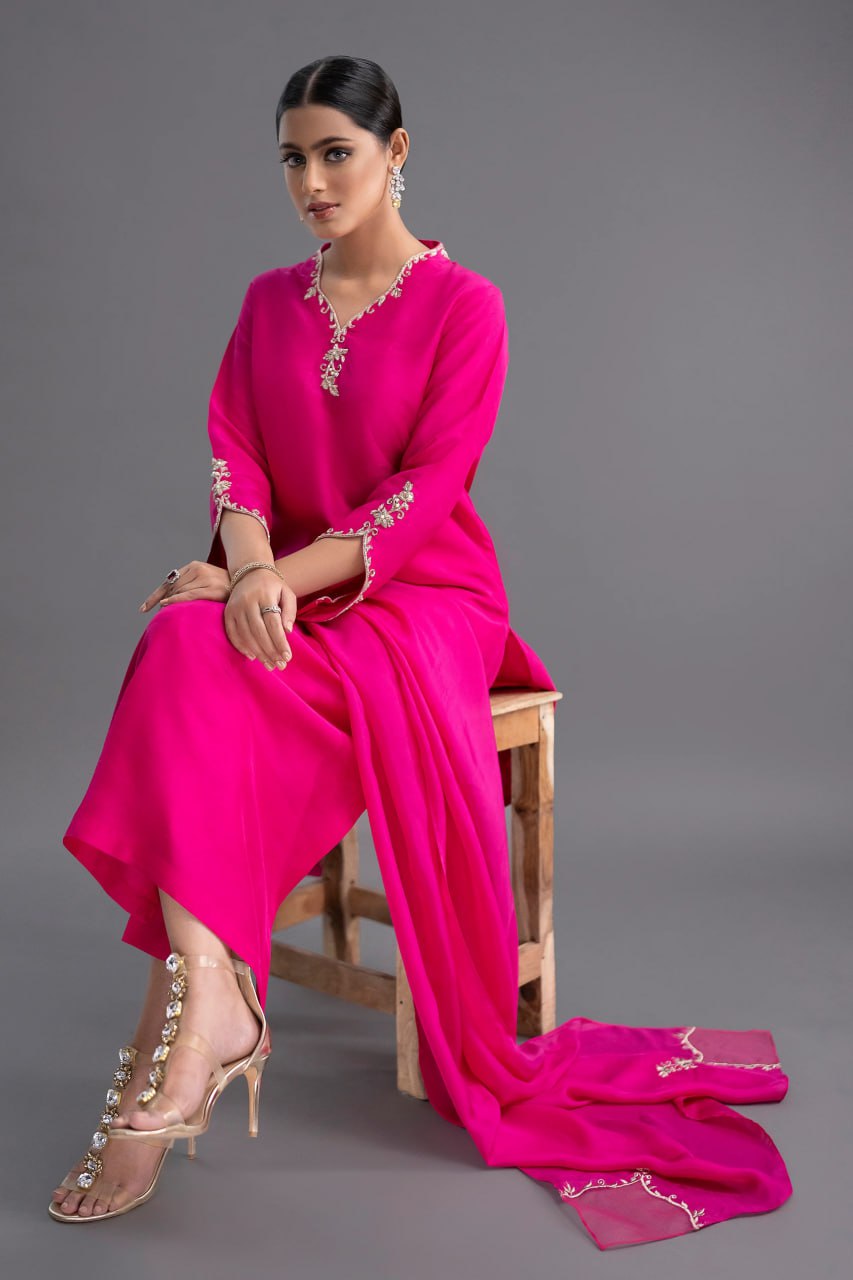 Fuchsia Pink Embroidered Long Kurta Set with Attached Trail