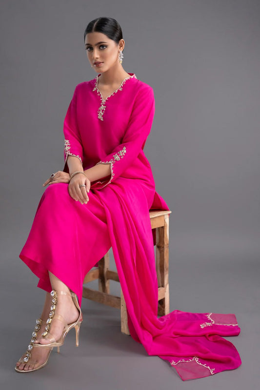 Fuchsia Pink Embroidered Long Kurta Set with Attached Trail