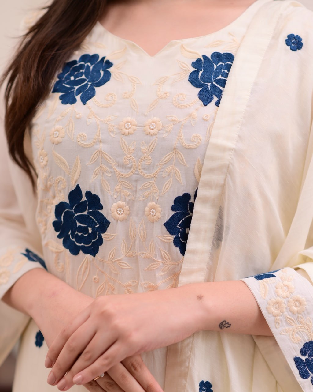 Cream Kurta with Blue Floral Embroidery & Dupatta