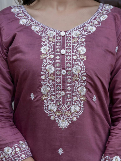Mauve Embroidered Kurta Set with Floral Dupatta