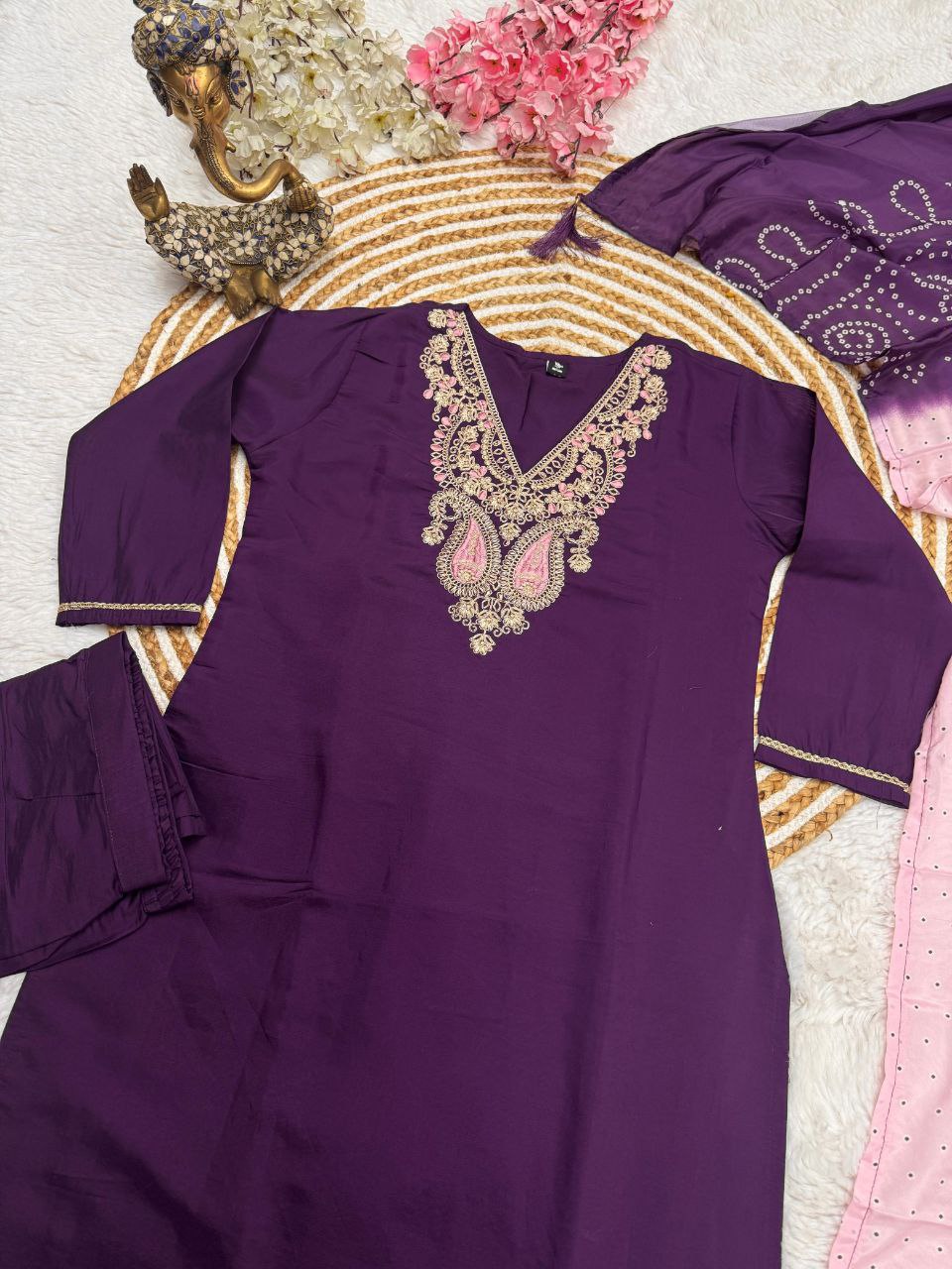 Royal Purple Embroidered Suit Set with Ombre Dupatta