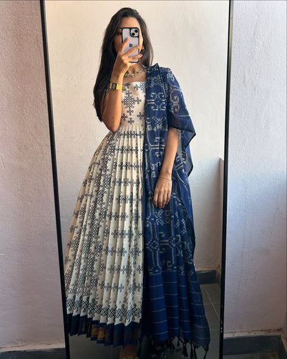 Indigo Handblock Anarkali with Dupatta