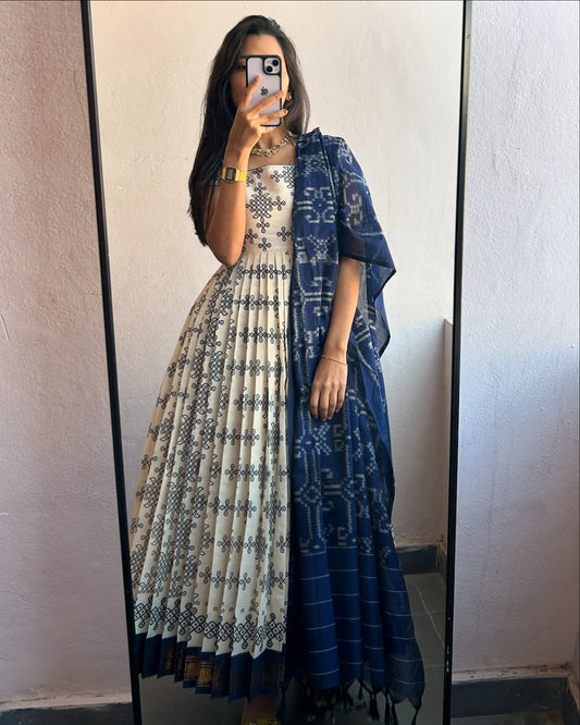 Indigo Handblock Anarkali with Dupatta