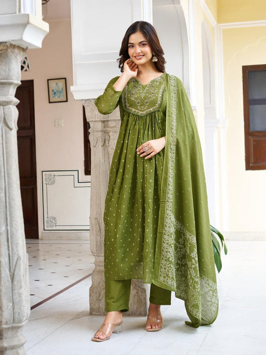 Elegant Olive Green Embroidered Anarkali Suit Set