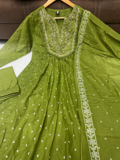 Elegant Olive Green Embroidered Anarkali Suit Set