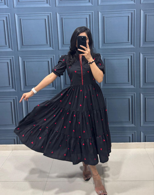 Black Tiered Midi Dress with Puff Sleeves