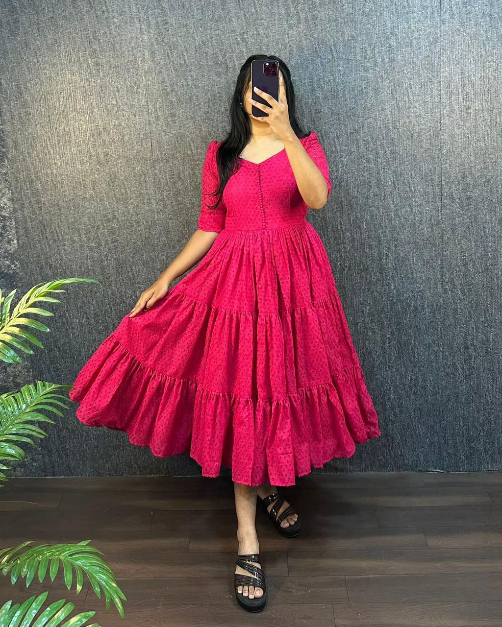 Pink Eyelet Cotton Midi Dress