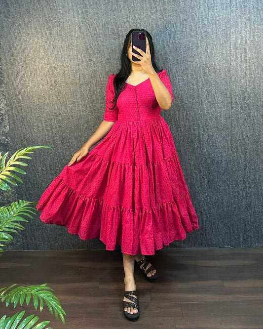 Pink Eyelet Cotton Midi Dress
