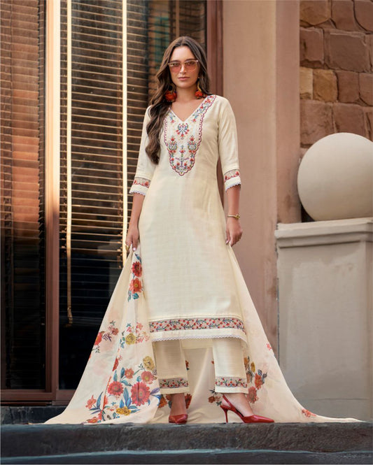 Elegant Cream Embroidered Straight Kurta with Floral Dupatta & Pants Set