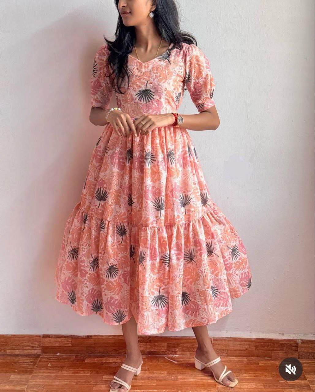 Peach Floral Printed Tiered Midi Dress