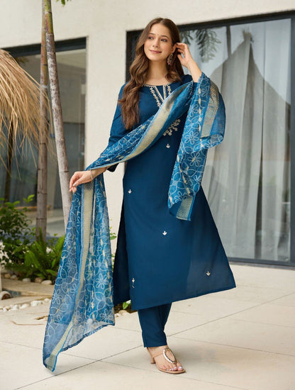 Teal Blue Embroidered Kurta Set with Dupatta