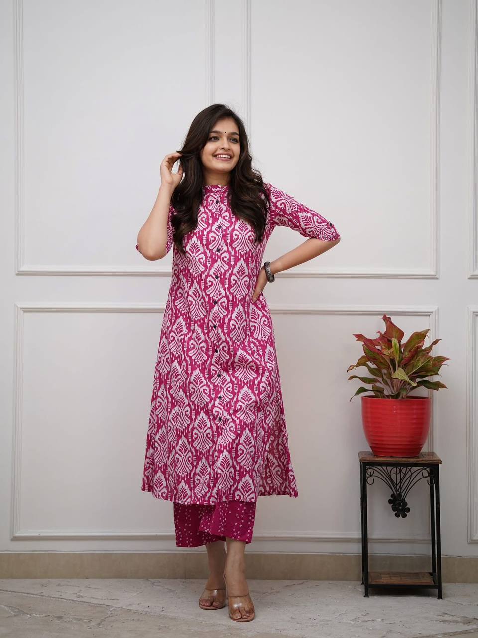 Magenta Ikat Print Button-Down Kurta Set