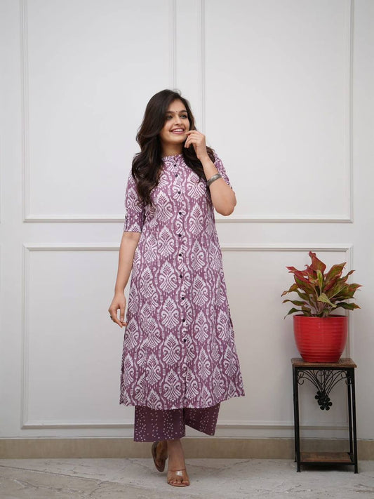 Lavender Ikat Print Button-Down Kurta Set