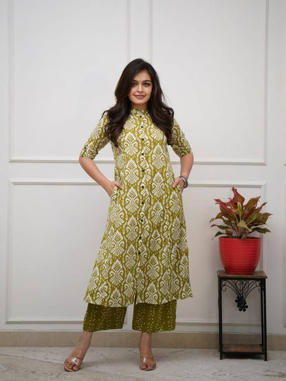 Olive Green Ikat Print Button-Down Kurta Set