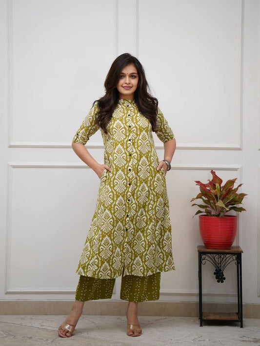 Olive Green Ikat Print Button-Down Kurta Set