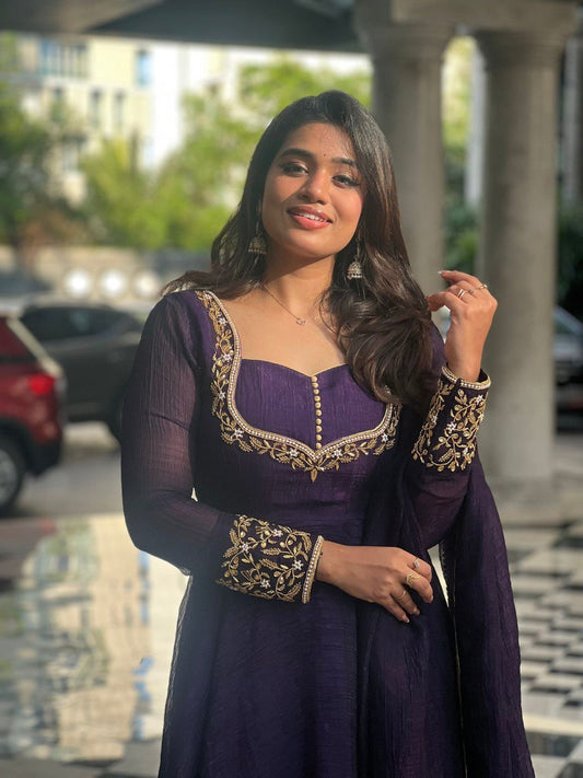 Purple Anarkali Style Embroidered Kurta Set with Dupatta
