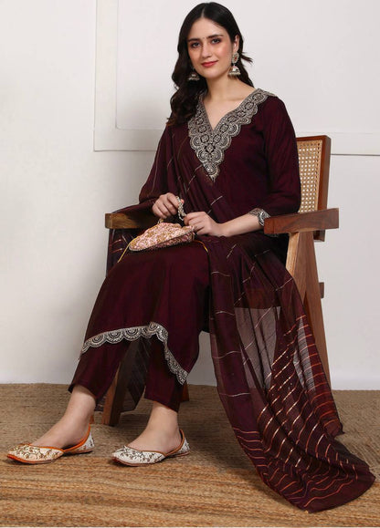 Maroon Embroidered Kurta Set with Dupatta