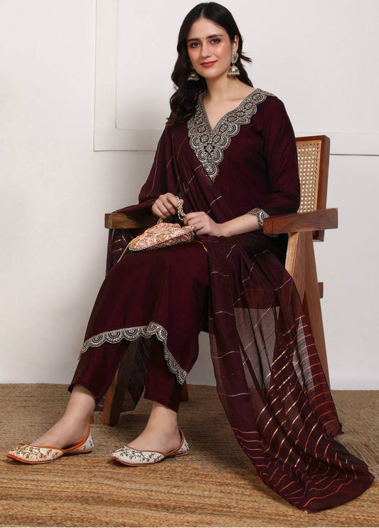 Maroon Embroidered Kurta Set with Dupatta