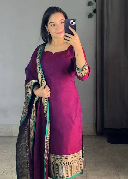 Magenta Ethnic Kurta Set with Dupatta