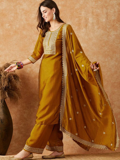 mustard yellow embroidered salwar suit set