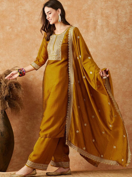 mustard yellow embroidered salwar suit set
