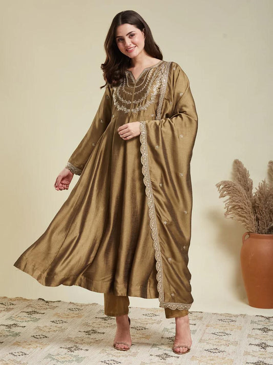 Olive Green Embroidered Anarkali Kurta Set with Dupatta