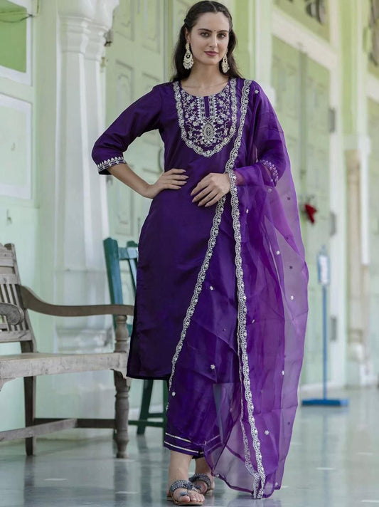 Purple Embroidered Kurta Set with Pants and Dupatta