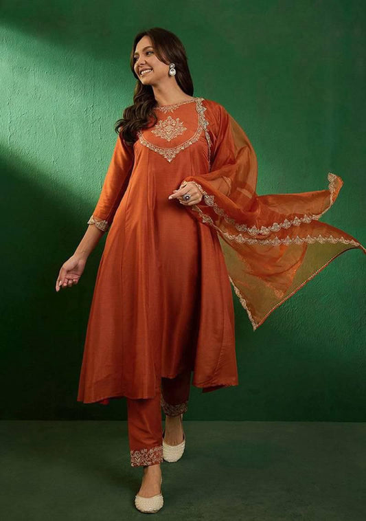 Rust Orange Embroidered Kurta Set with Pants and Dupatta