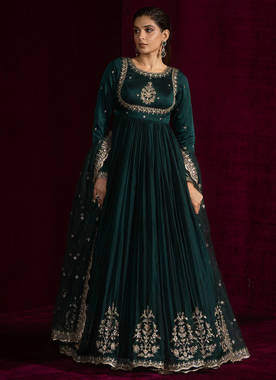 Emerald Green Embroidered Anarkali Gown