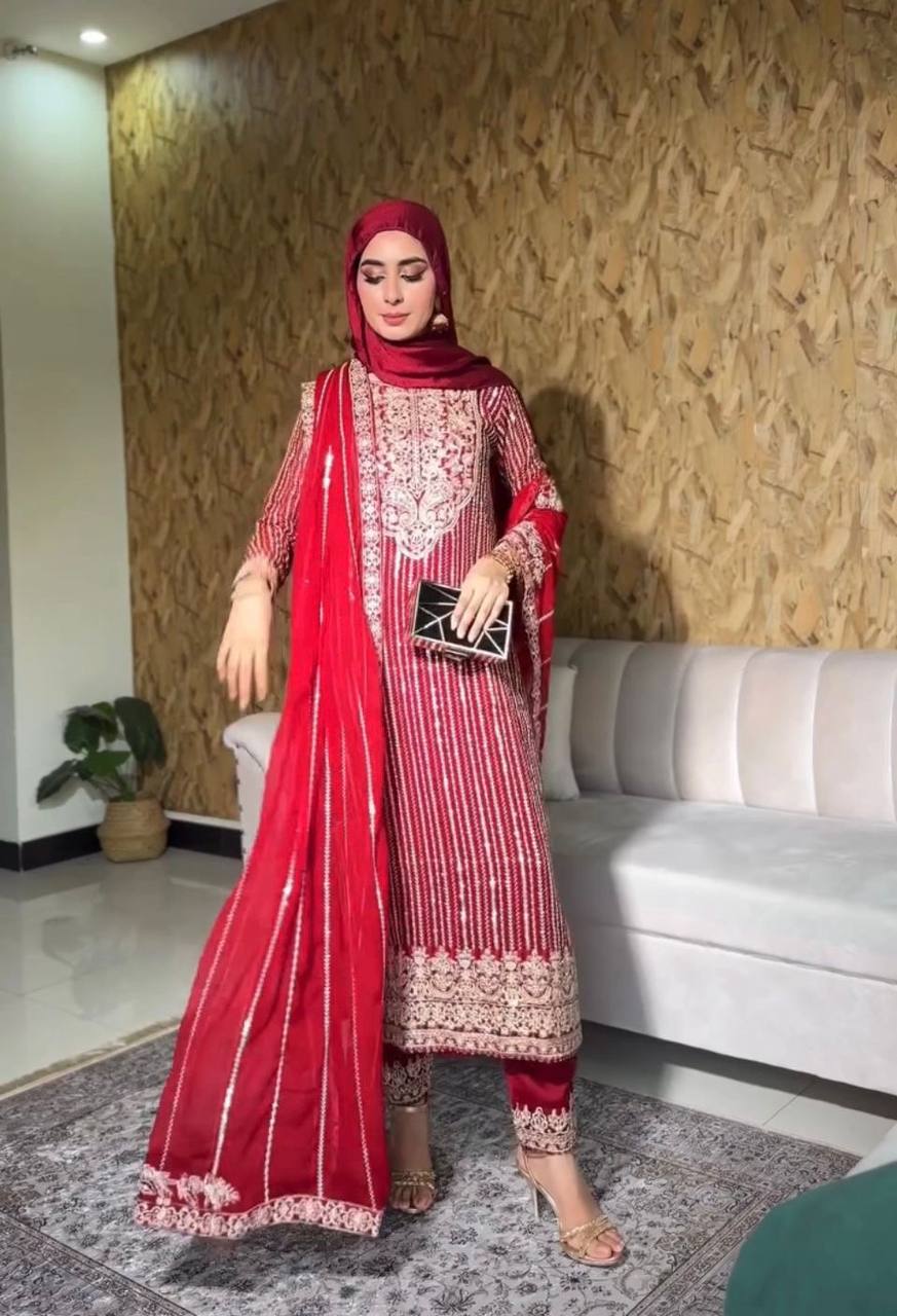 Red Embroidered Straight Suit Set