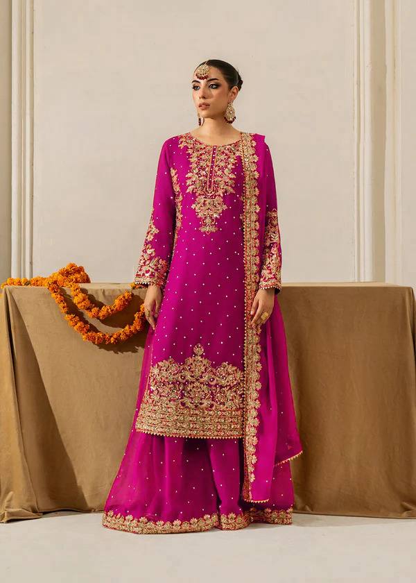 Fuchsia Embellished Long Kurta with Sharara and Dupatta