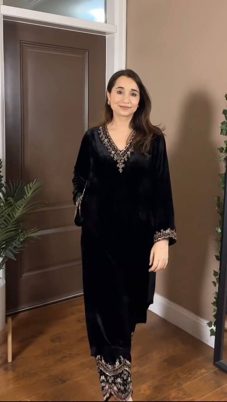 Black Velvet Embroidered Kurta Set