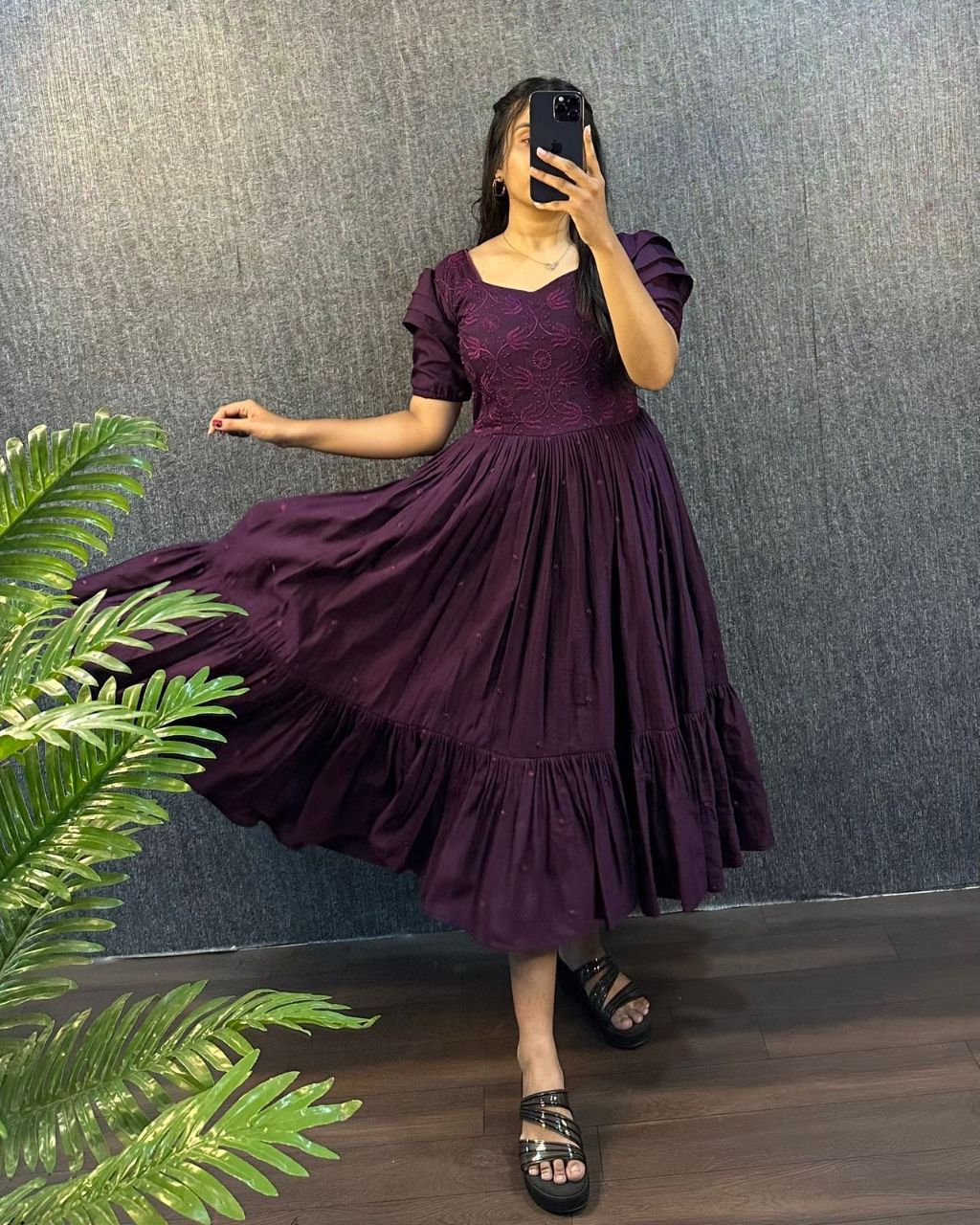 Purpal Embroidered Pleated Sleeve Flared Midi Dress