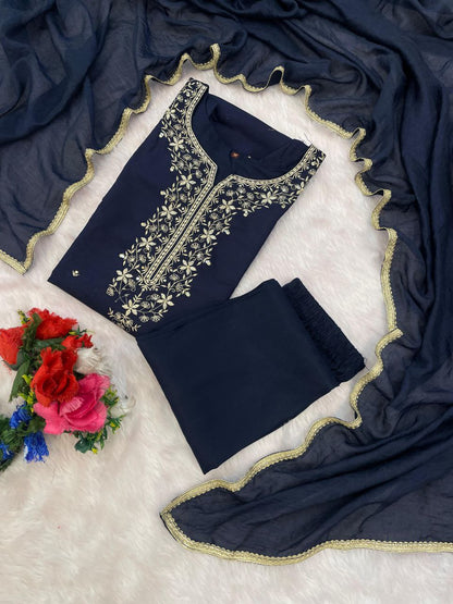 Navy Blue Embroidered Kurta Set with Dupatta