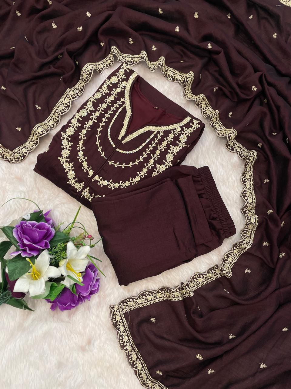 Maroon Embroidered Anarkali Kurta Set with Dupatta