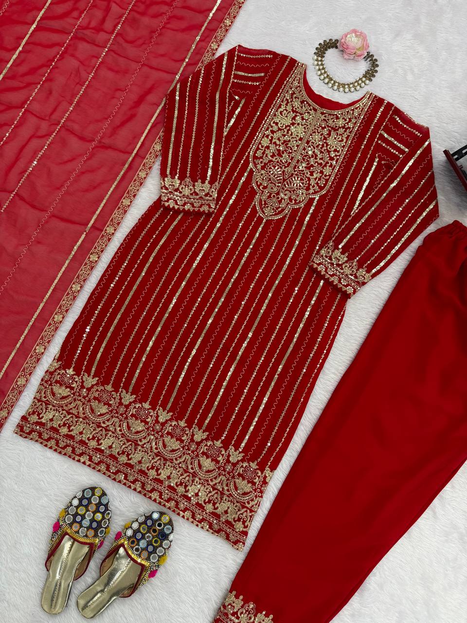 Red Embroidered Straight Suit Set